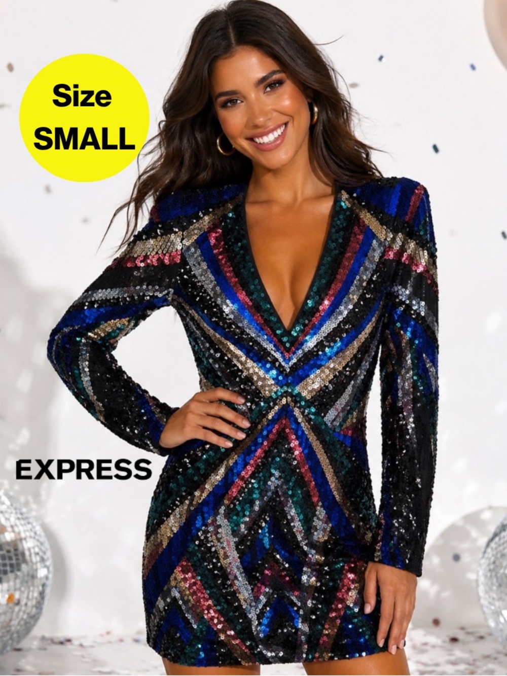 EXPRESS 🖤 Multicolor Sequins Mini Dress, Long Sleeves (Women’s Size Small)